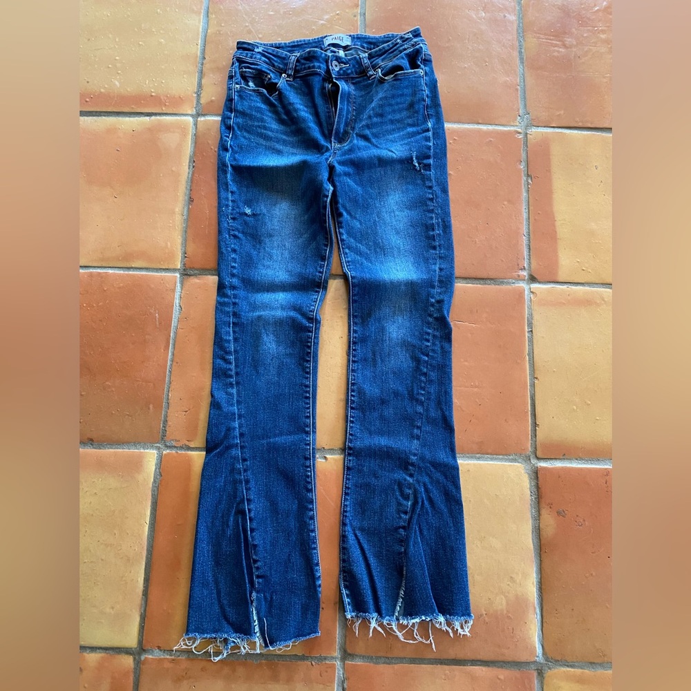 PAIGE Dark Blue Frayed Flare Jeans
